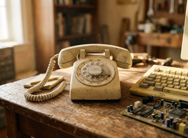 Telefone de disco antigo sobre fundo escuro, iluminado lateralmente